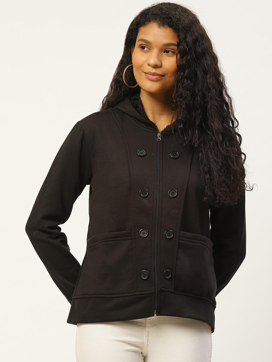 belle fille women black solid hooded tailored jacket