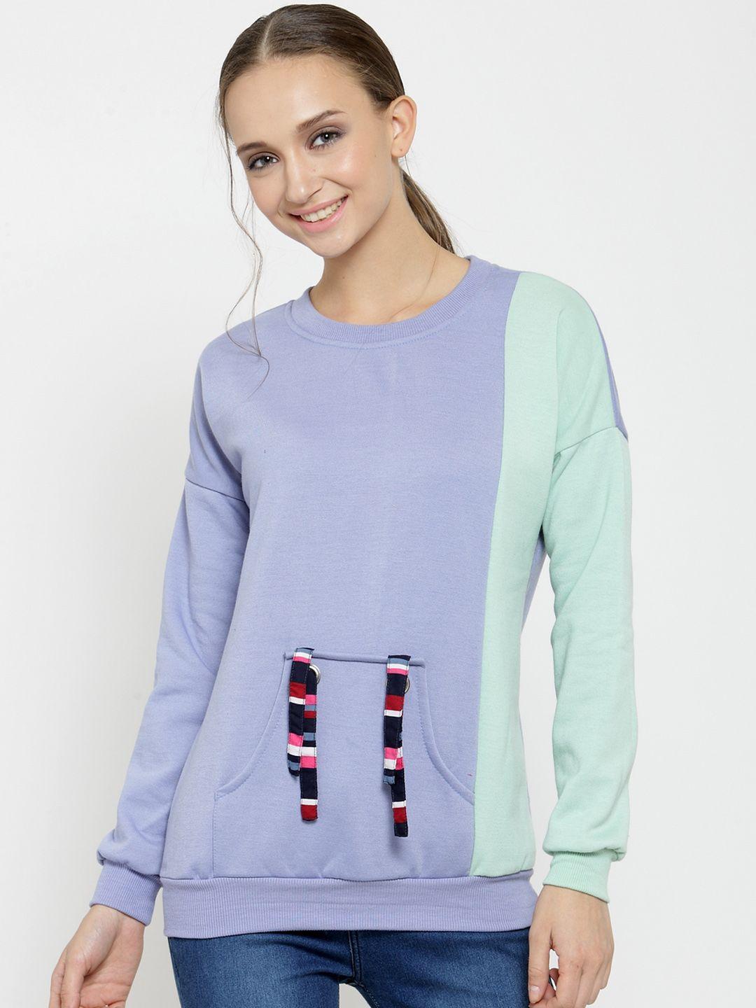 belle fille women blue & sea green colourblocked sweatshirt