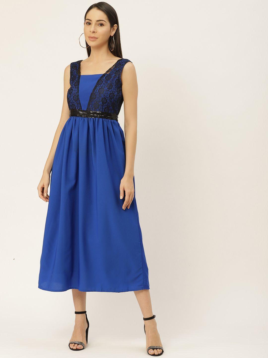 belle fille women blue solid lace detail a-line dress
