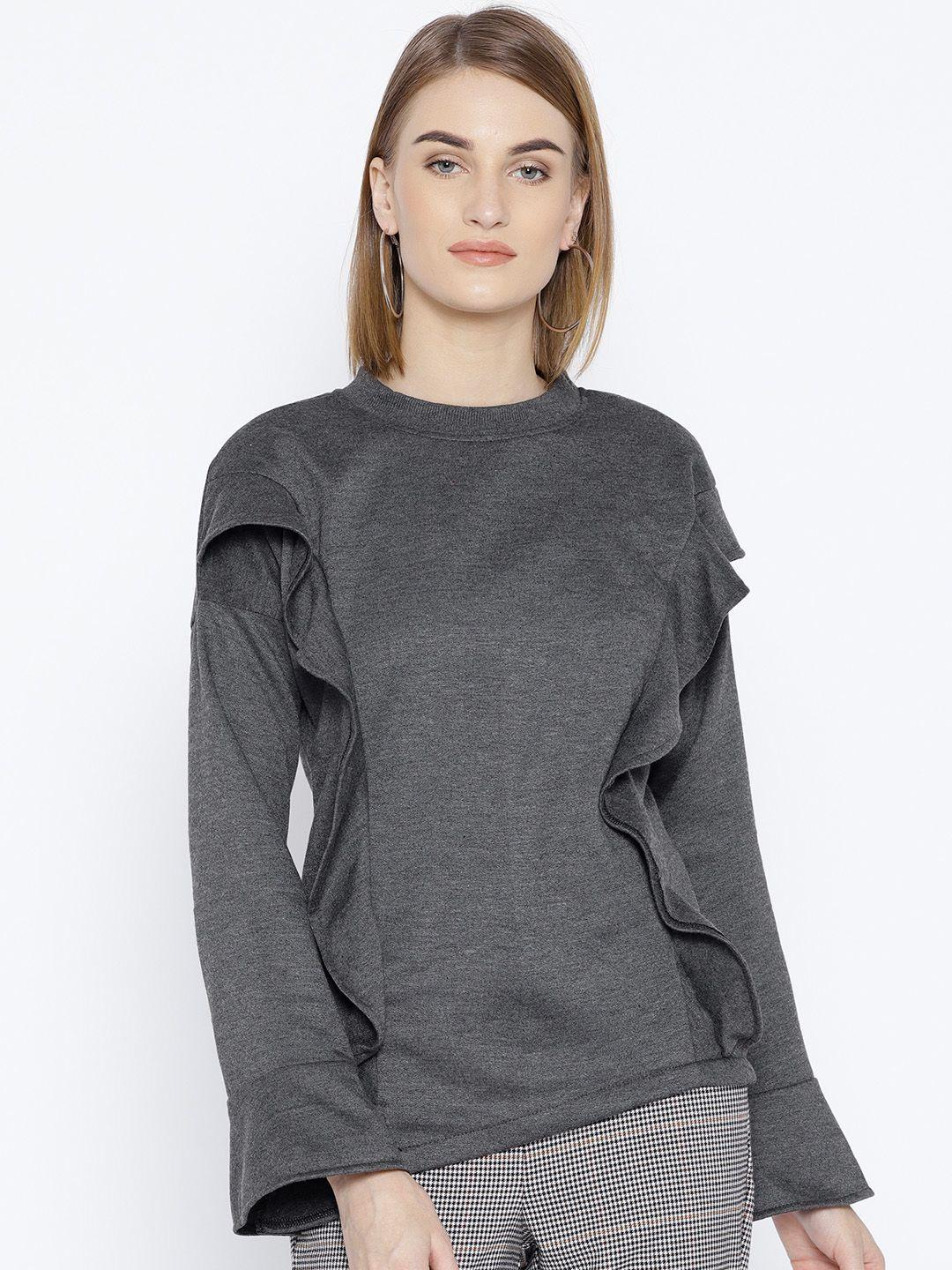 belle fille women charcoal solid sweatshirt with ruffle detail