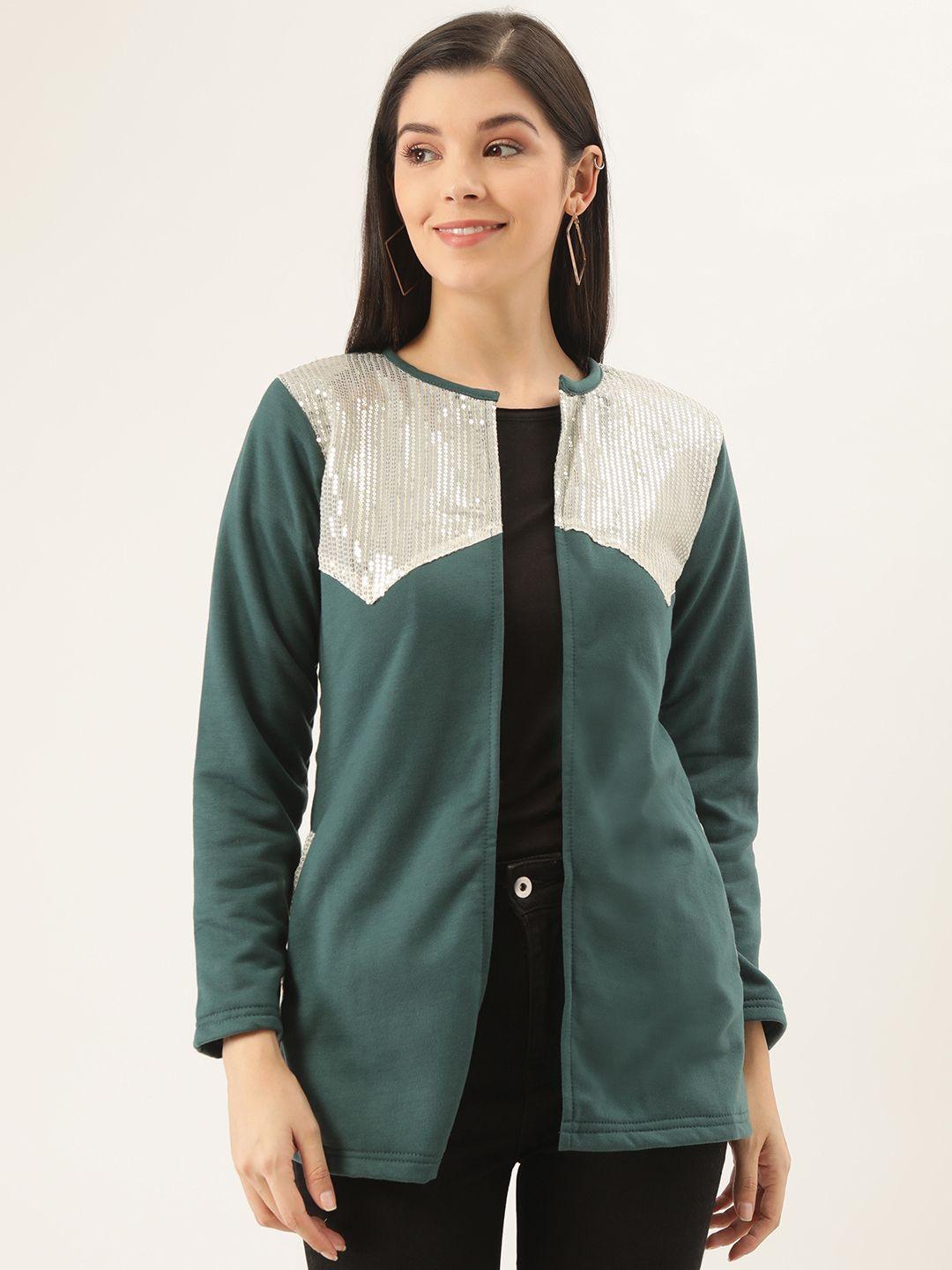 belle fille women green & silver colourblocked longline open front jacket