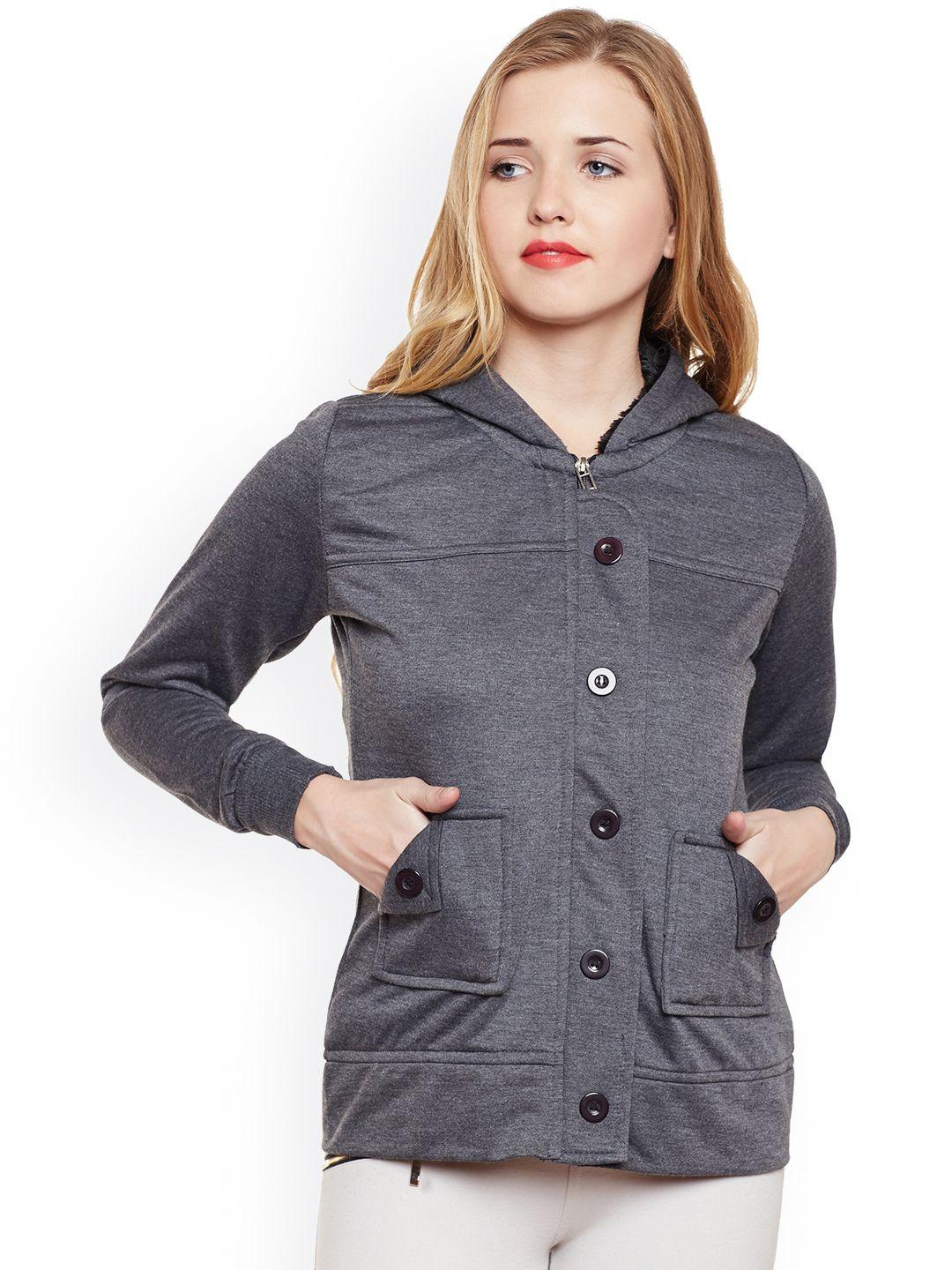 belle fille women grey solid lightweight hooded bomber jacket
