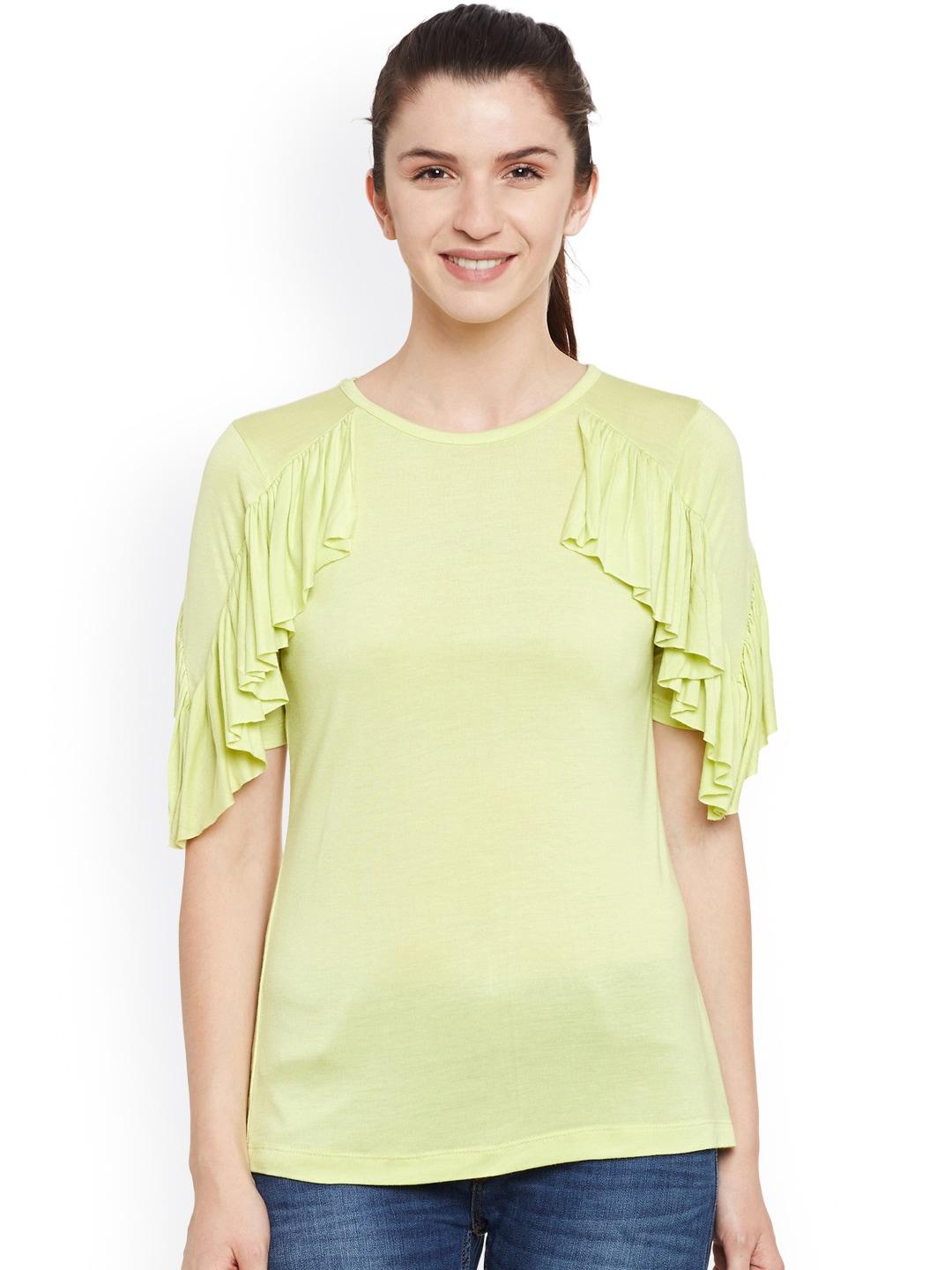 belle fille women lime green solid top with ruffled detail
