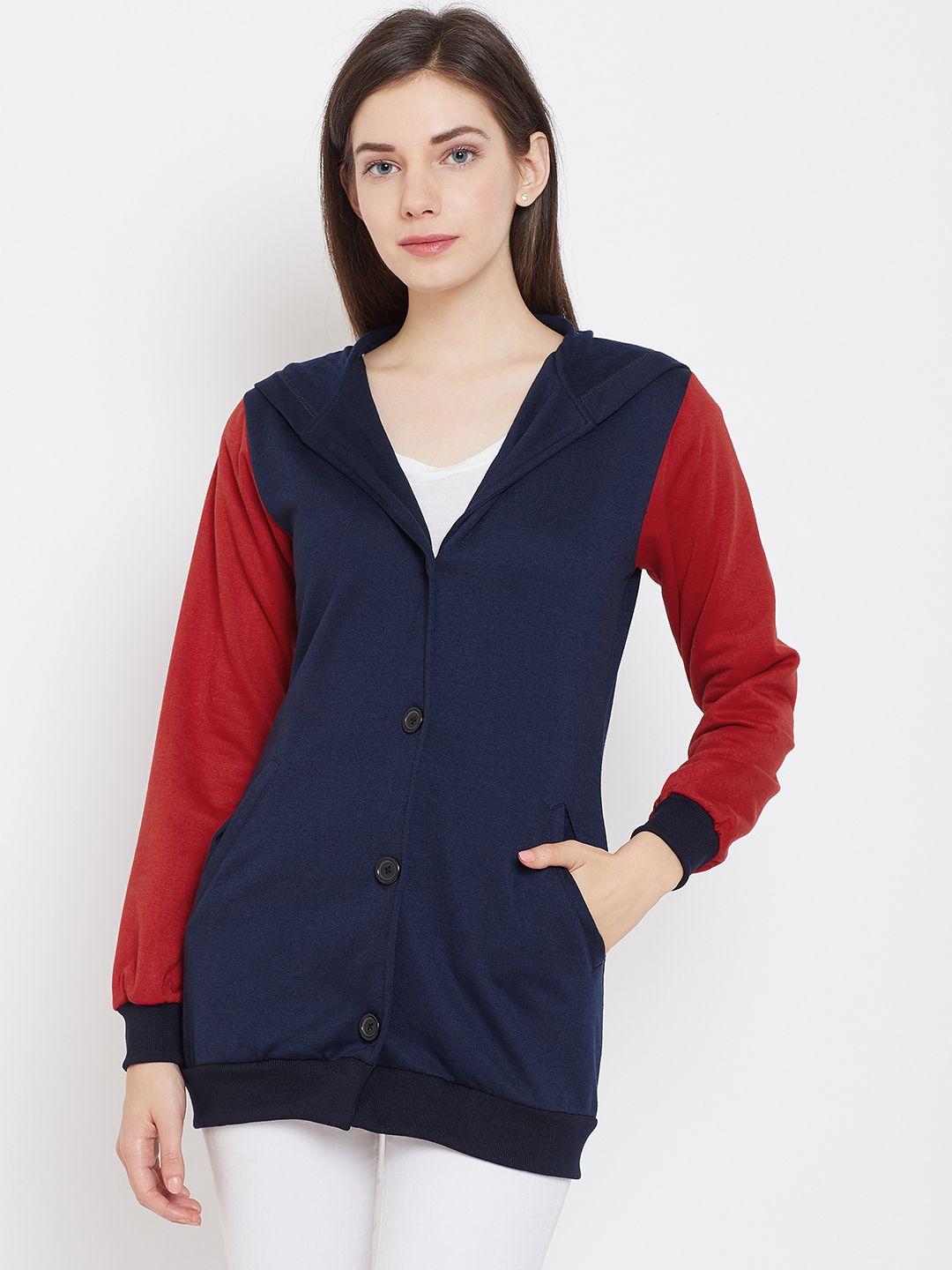 belle fille women navy blue solid longline hooded jacket