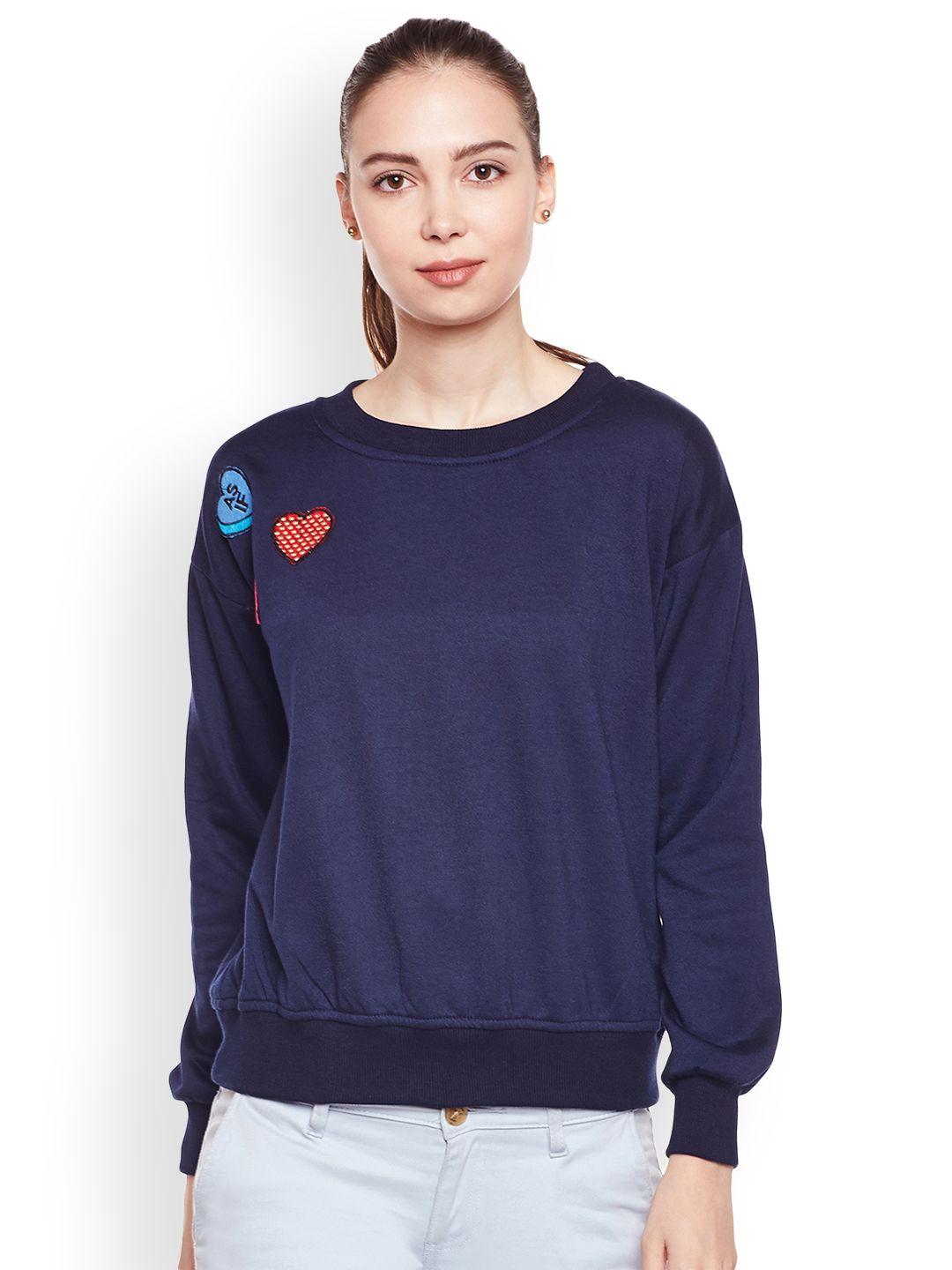 belle fille women navy blue solid sweatshirt