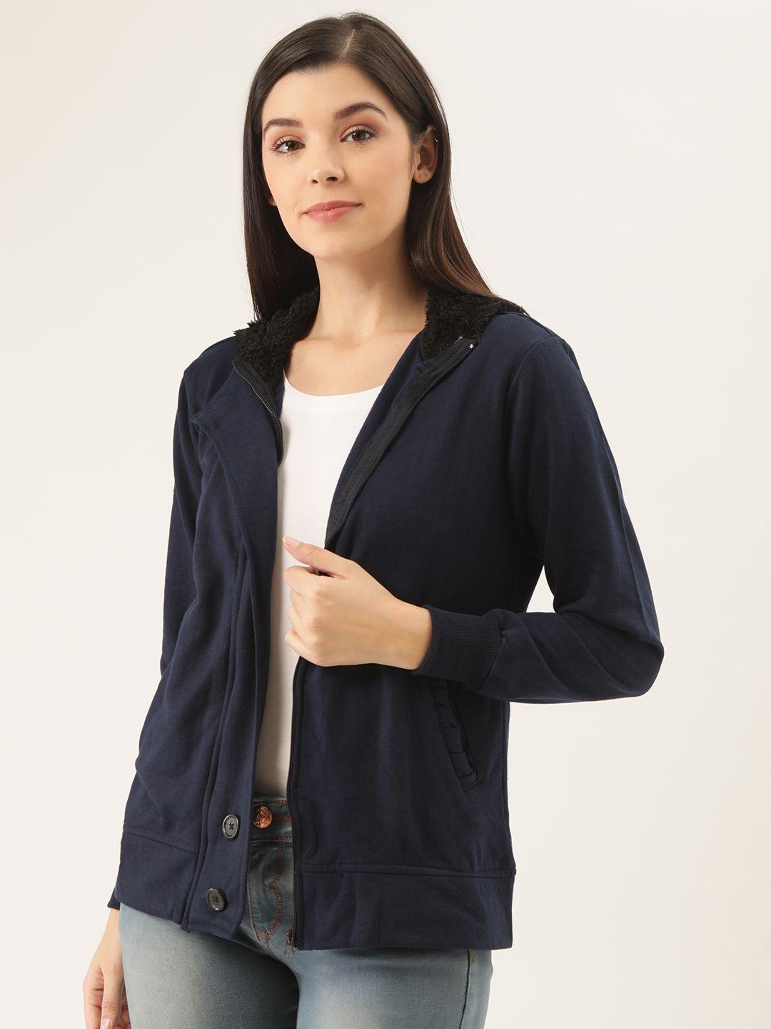 belle fille women navy blue solid tailored hooded jacket