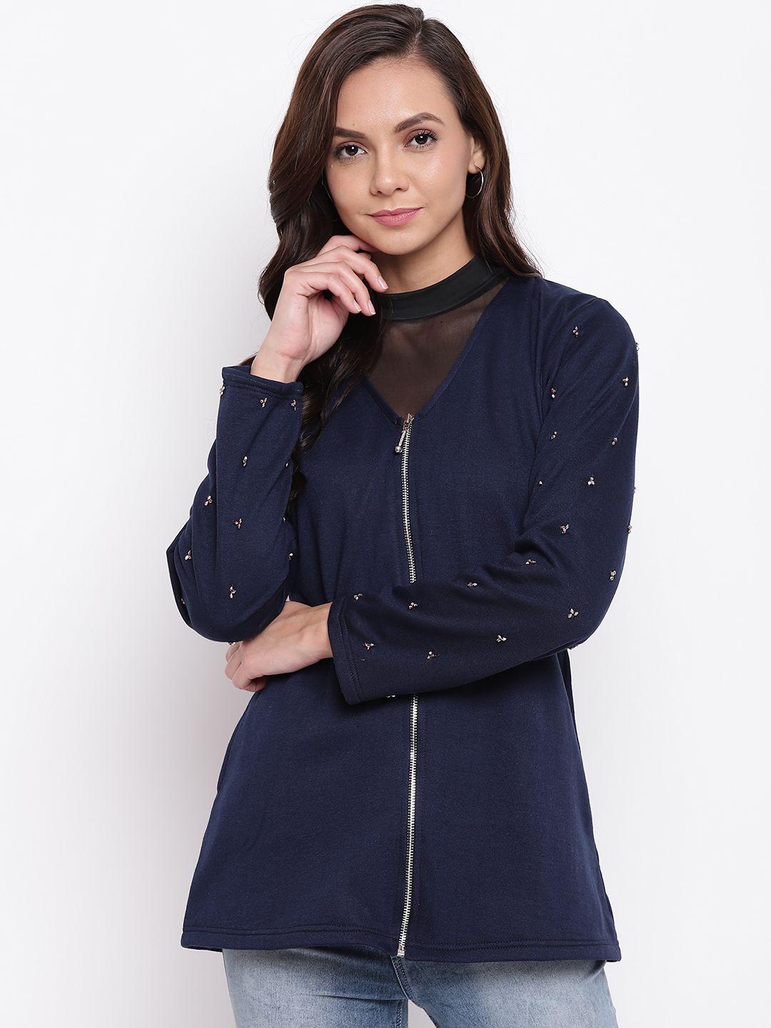 belle fille women navy blue solid tailored jacket
