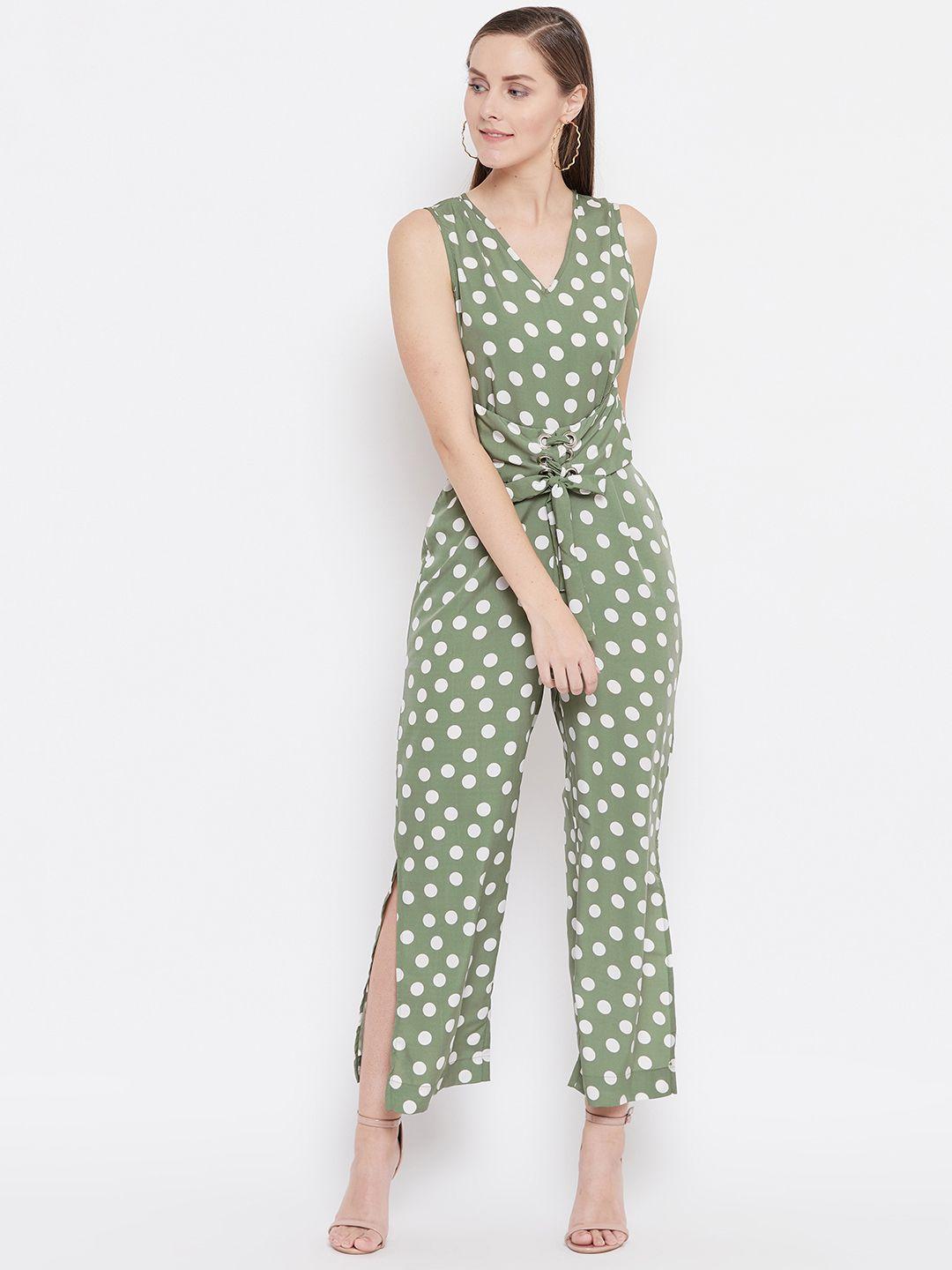 belle fille women olive green & white polka dot print basic jumpsuit