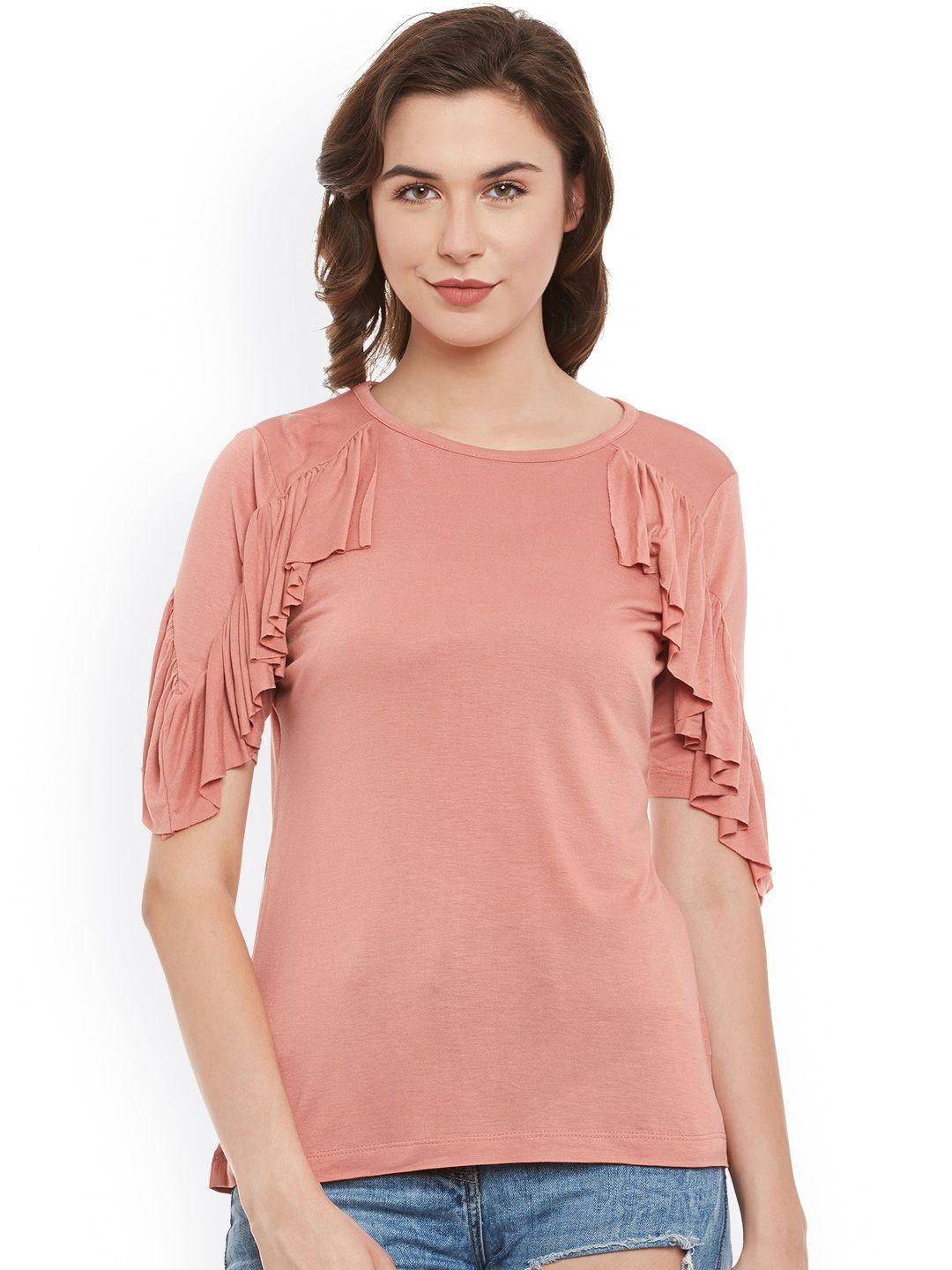 belle fille women peach-coloured solid top with ruffled detail