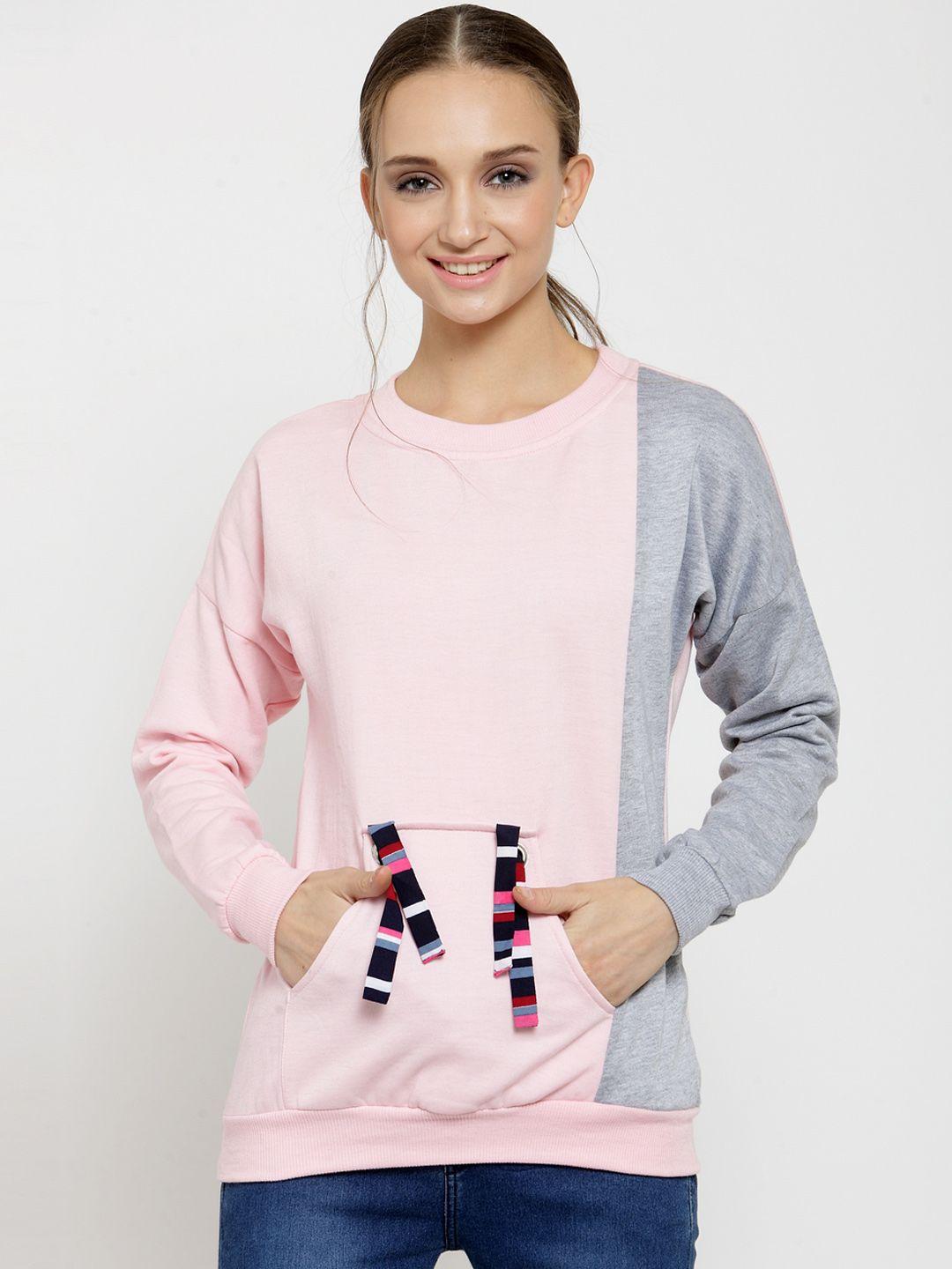 belle fille women pink & grey melange colourblocked sweatshirt