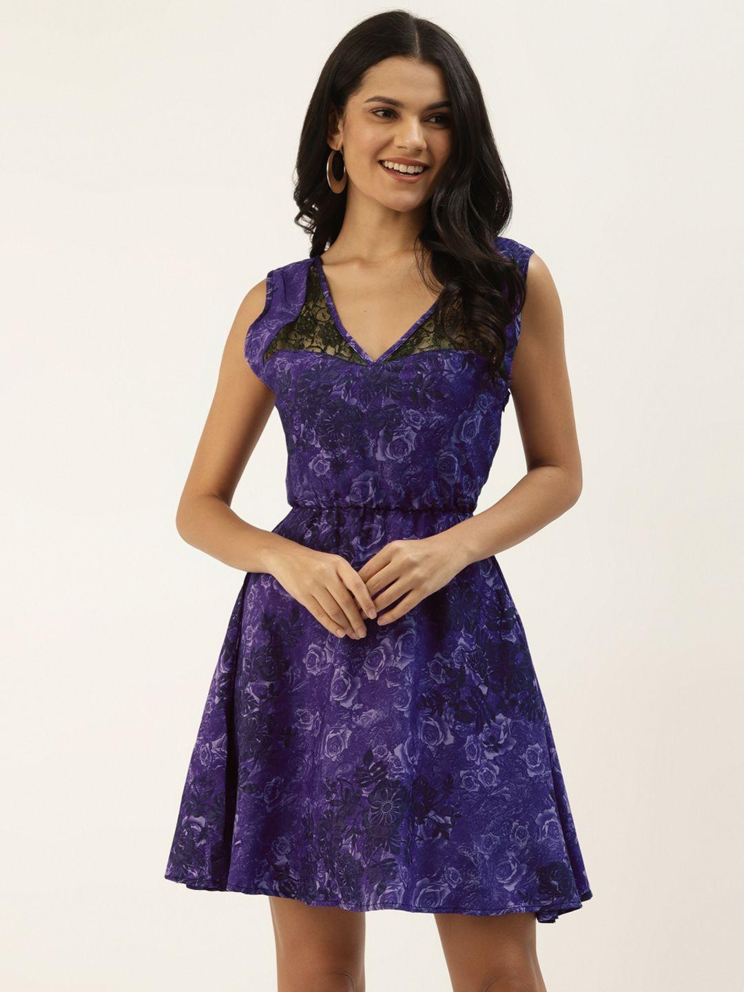 belle fille women purple & black floral print a-line dress with lace inserts