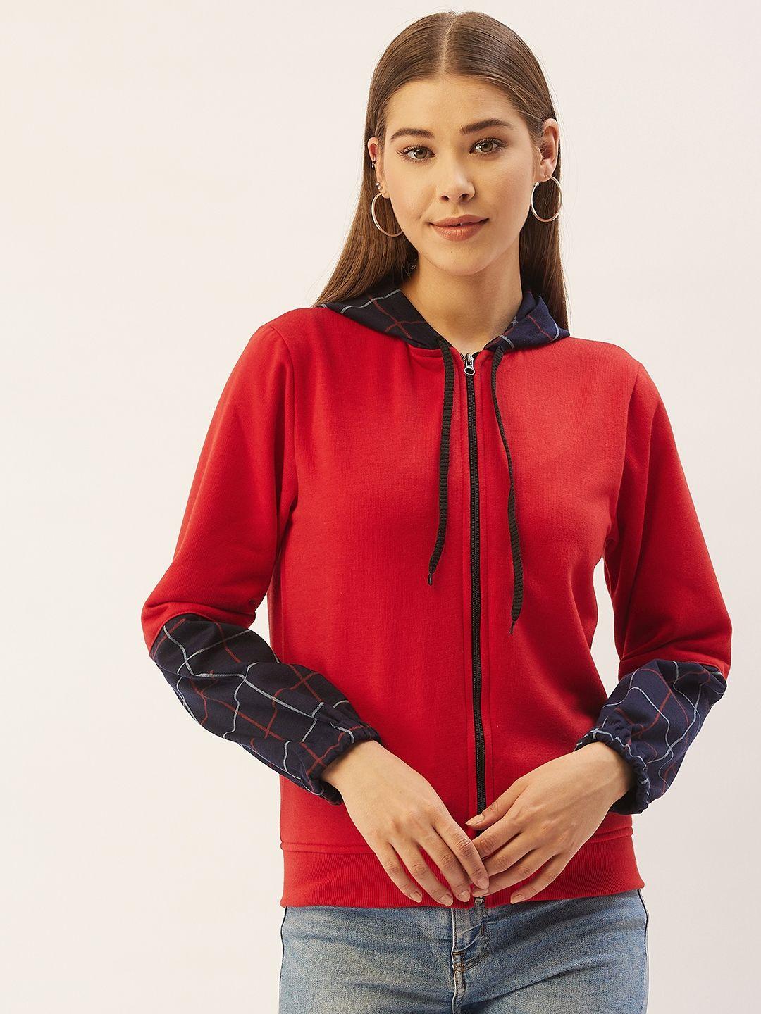 belle fille women red & navy blue colourblocked fleece lightweight tailored jacket