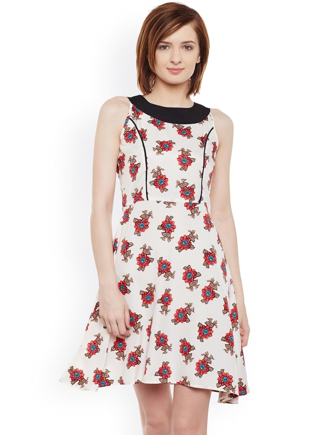 belle fille women red & white printed fit and flare dress