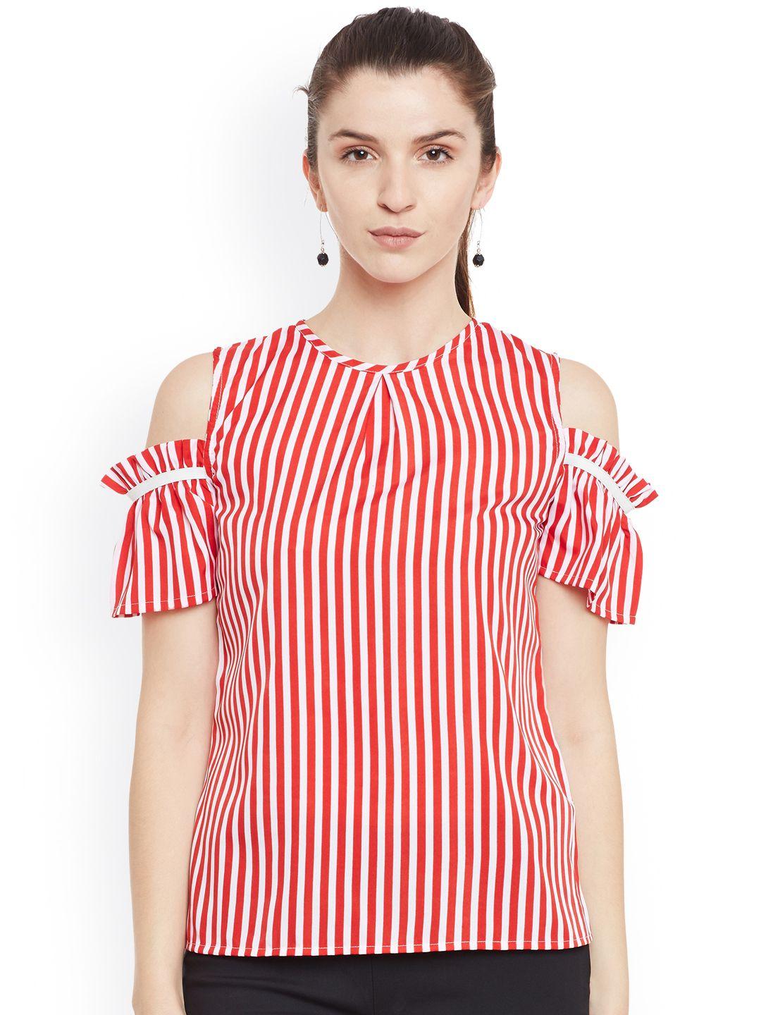 belle fille women red & white striped cold-shoulder top