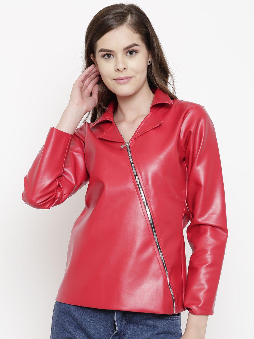 belle fille women red solid asymmetric closure leather jacket