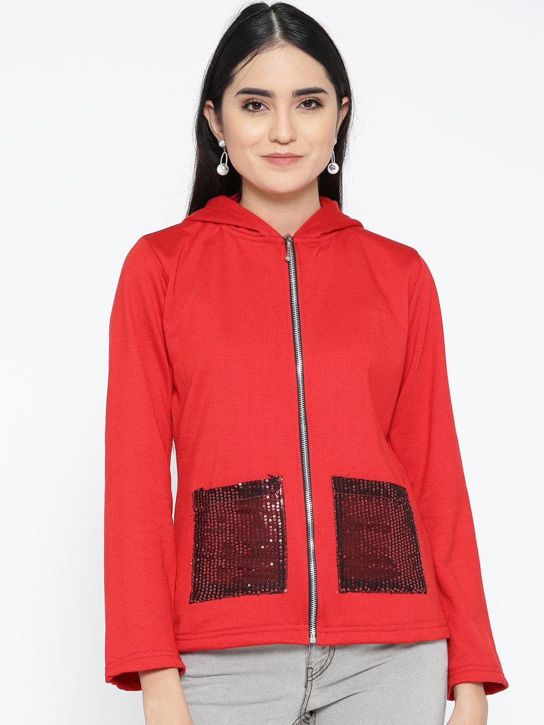 belle fille women red solid hooded jacket