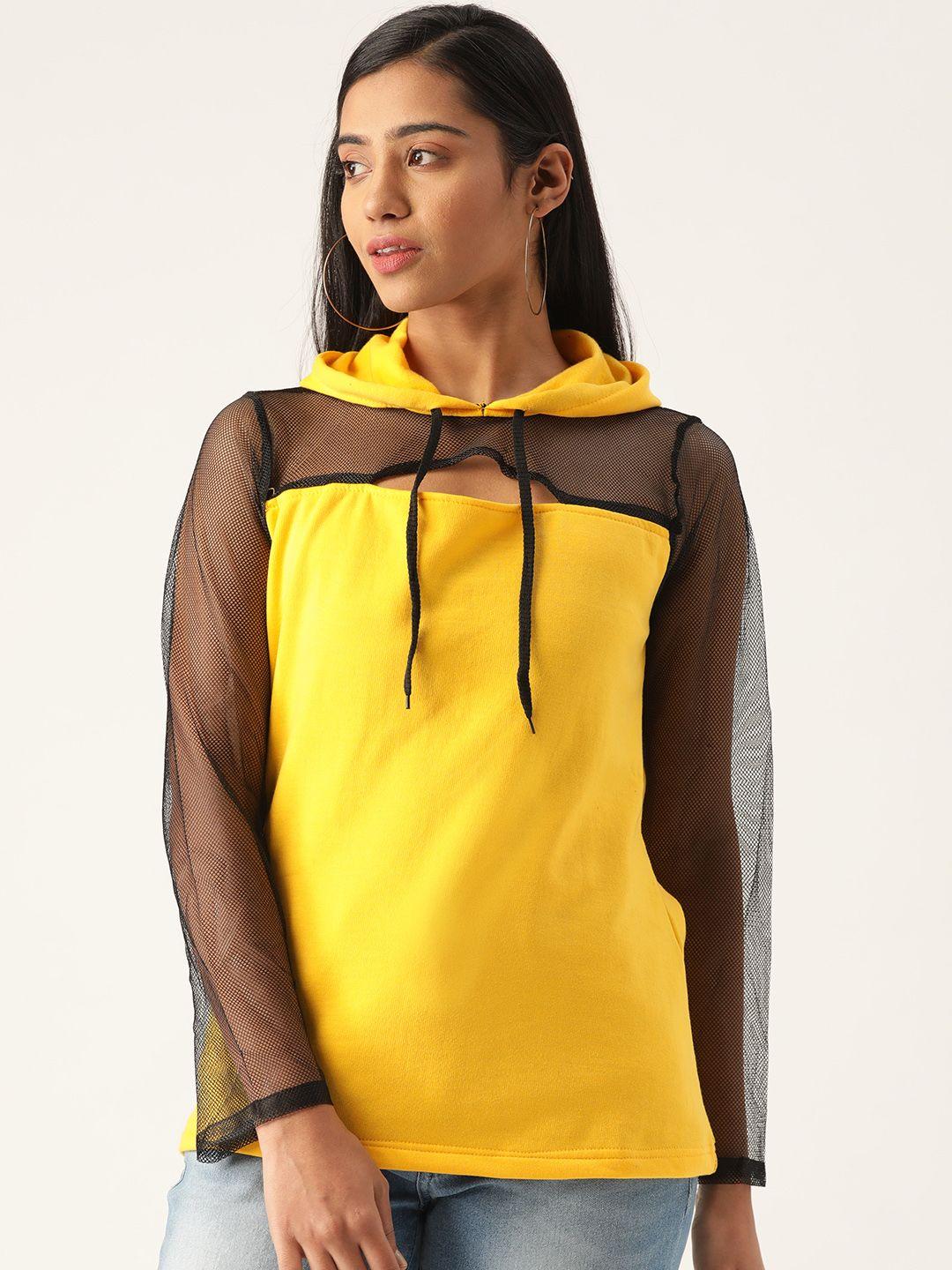 belle fille women yellow & black solid semi-sheer hooded sweatshirt