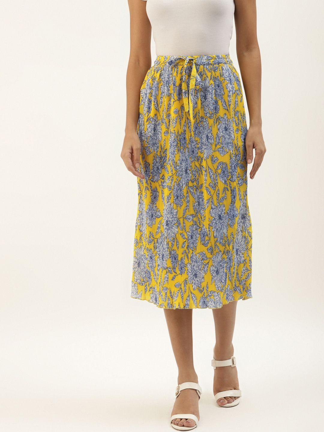 belle fille women yellow & white printed accordion pleated a-line midi skirt