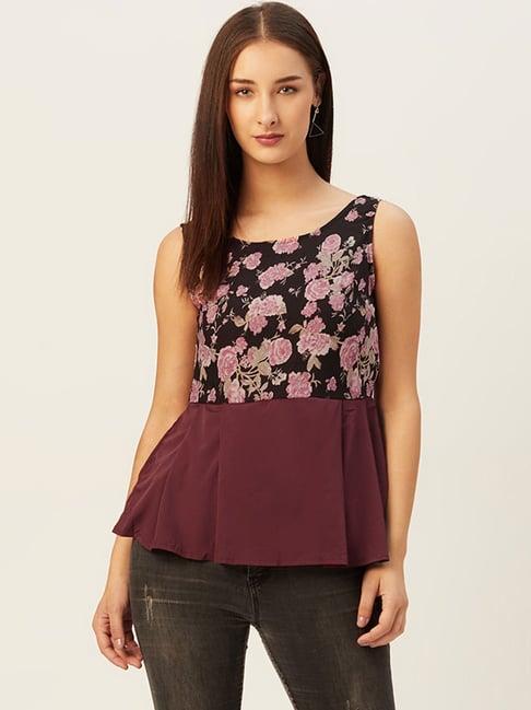 belle fille black & maroon floral print top