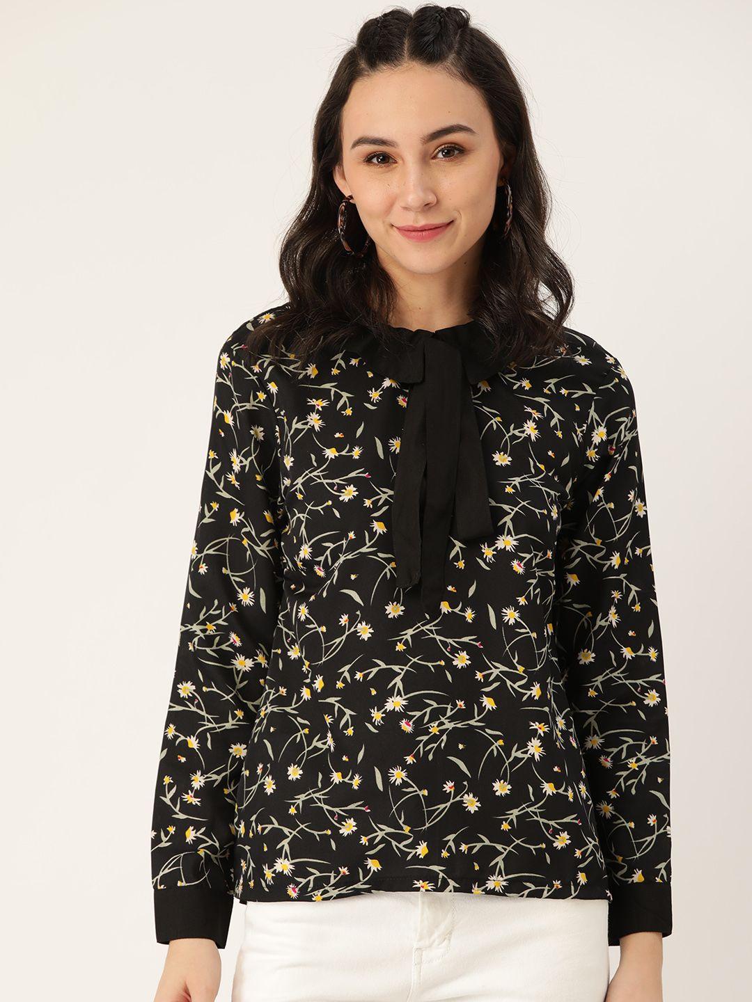 belle fille black & yellow floral printed tie-up neck regular top