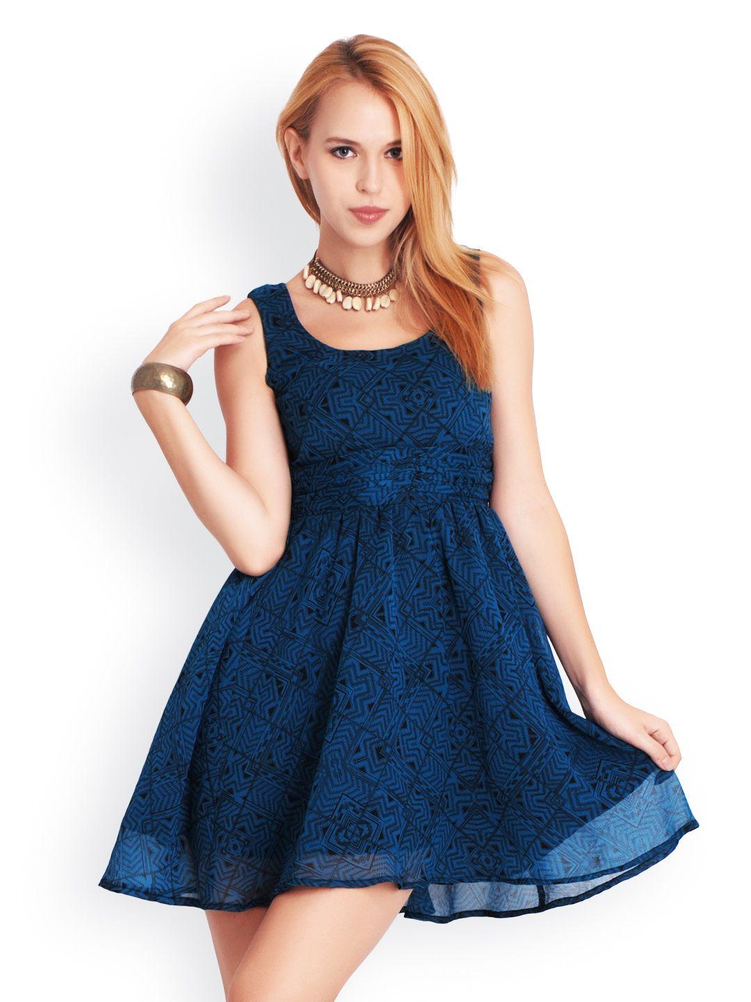 belle fille blue & black printed fit & flare dress