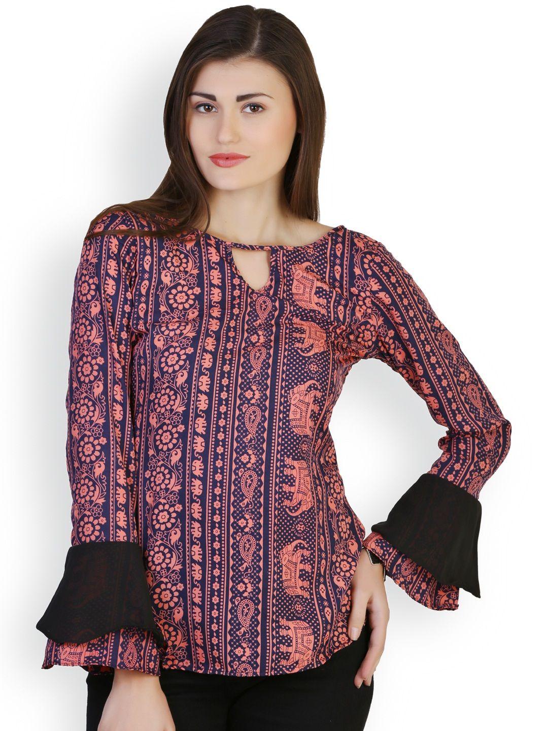 belle fille blue & coral pink printed top