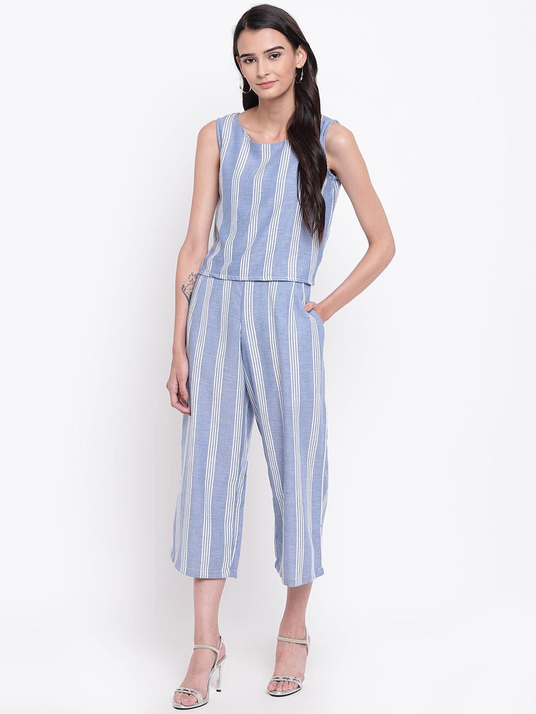 belle fille blue & white striped layered capri jumpsuit