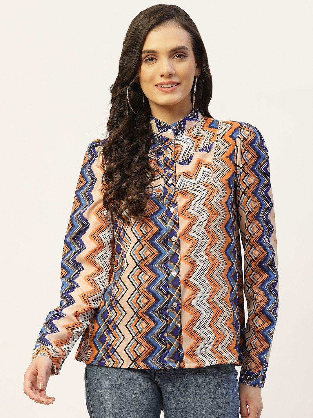 belle fille geometric print mandarin collar crepe top