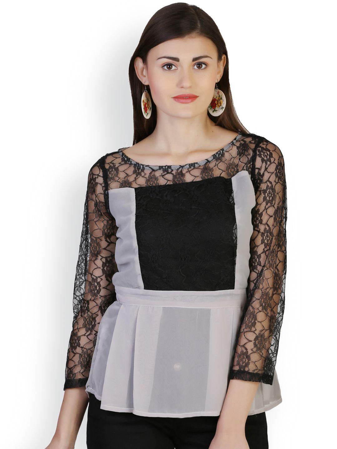 belle fille grey & black lace peplum top