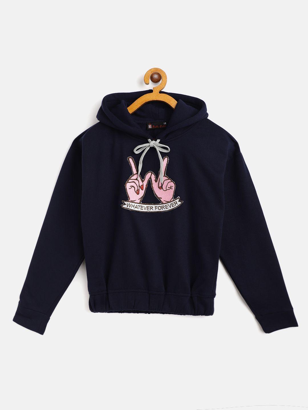 belle fille kids navy blue typography embroidered hooded sweatshirt