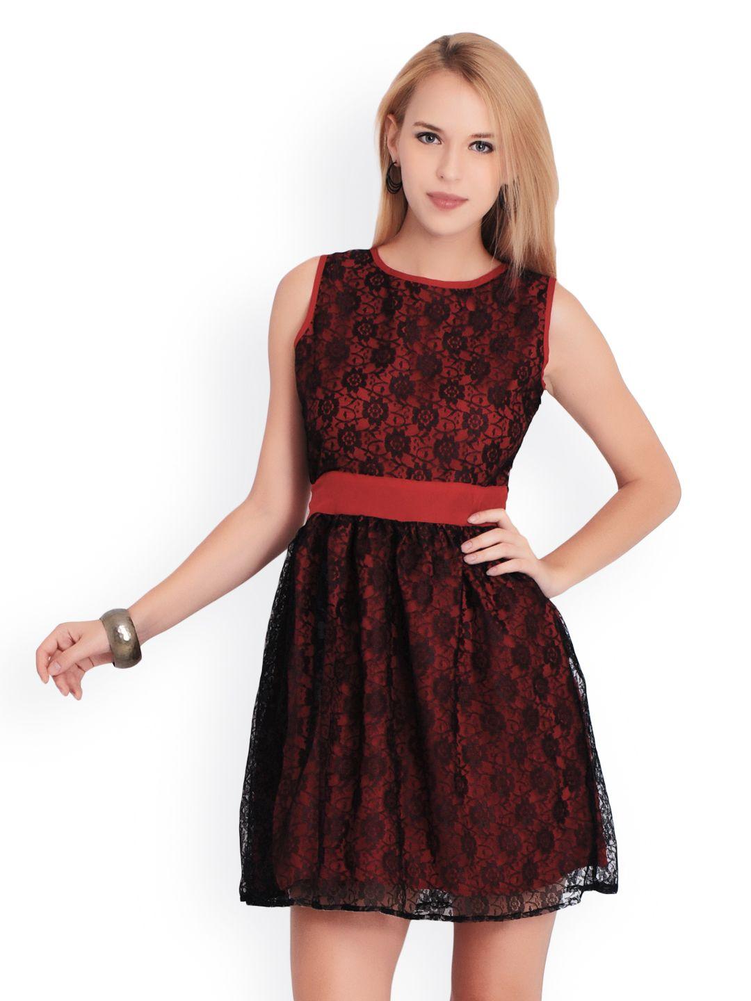 belle fille maroon & black lace fit & flare dress