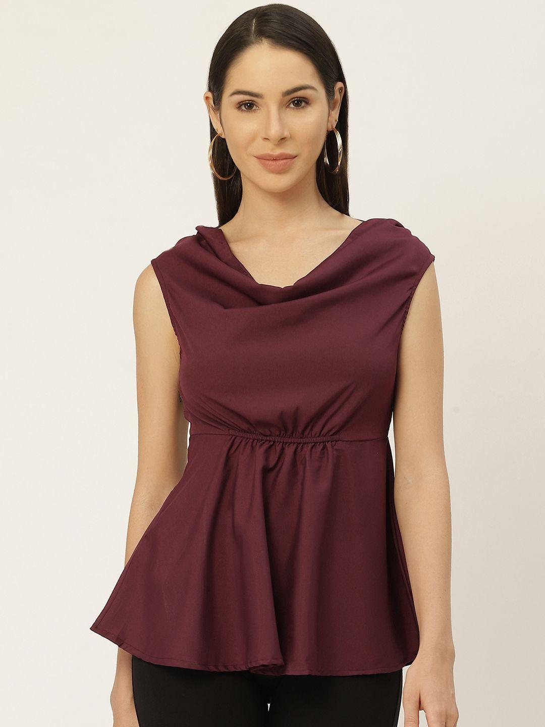 belle fille maroon solid cowl neck crepe ruched waist a-line top
