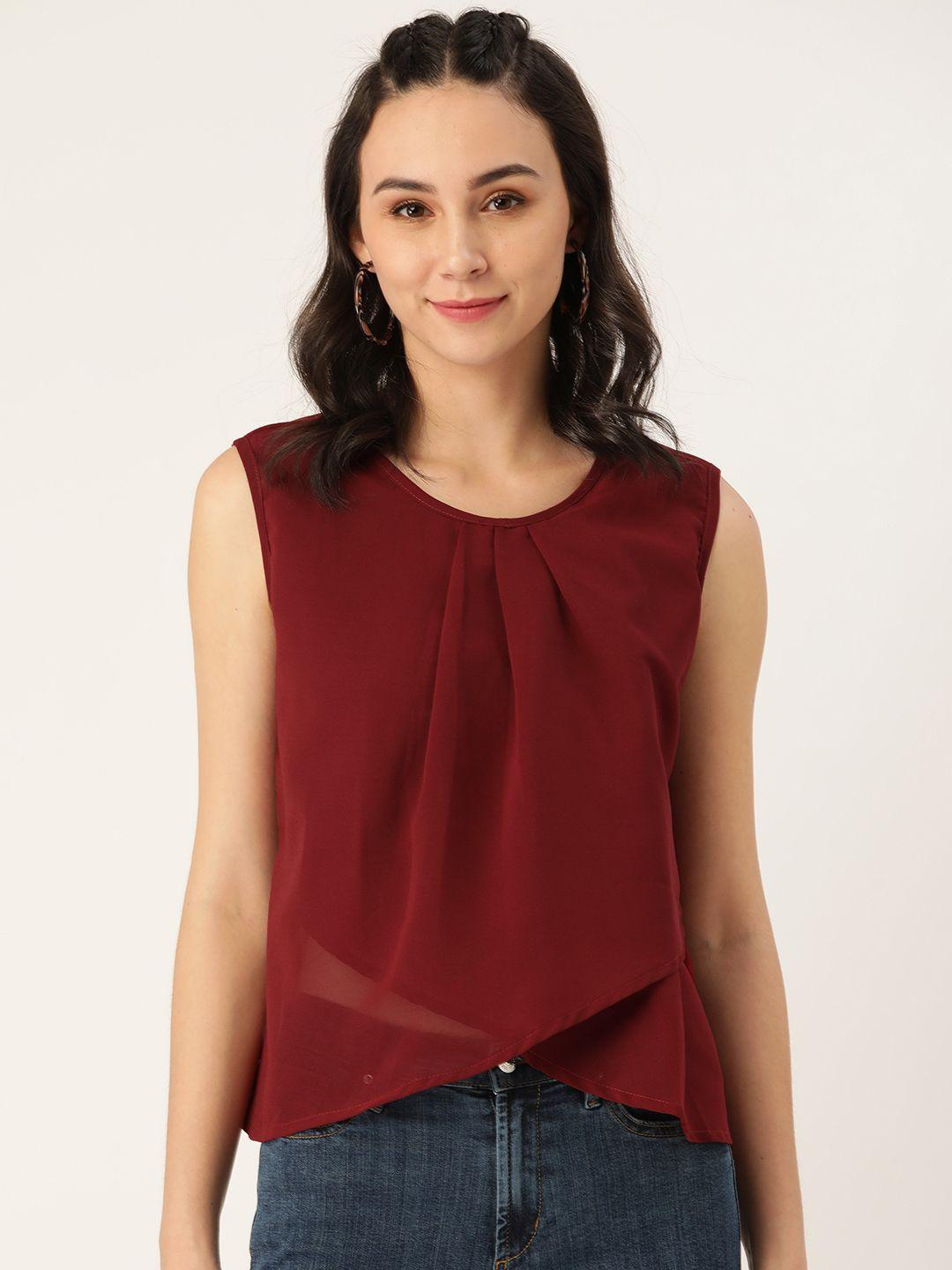 belle fille maroon solid pleated a-line top with overlapping detail