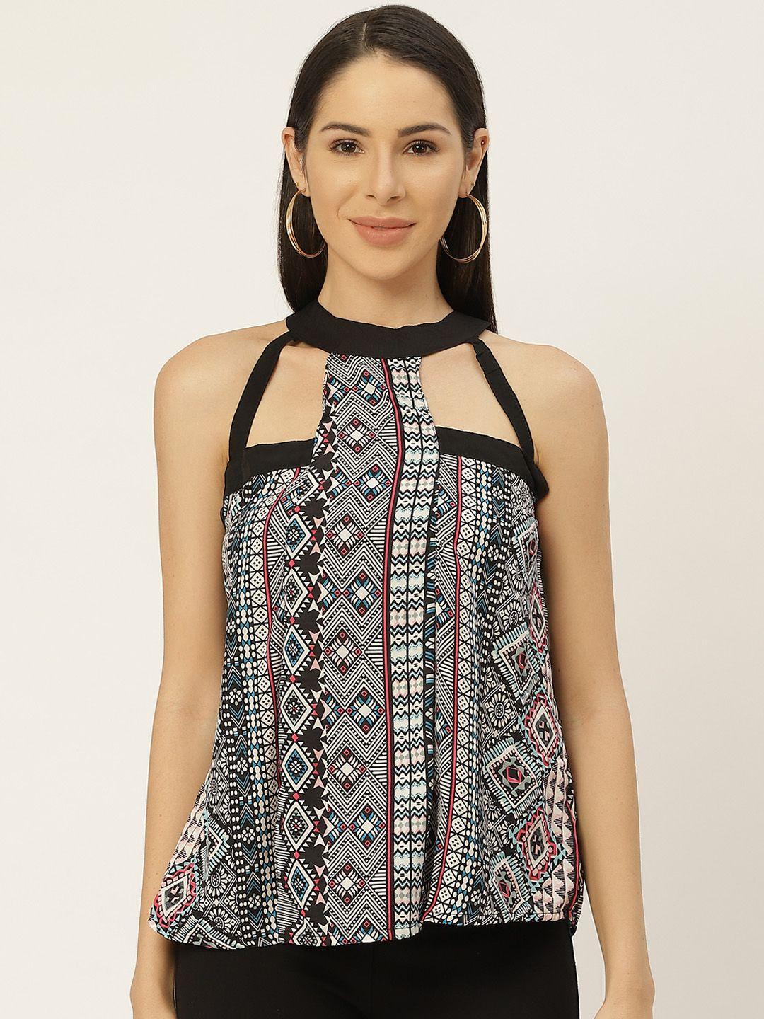 belle fille white & black geometric print cut-outs georgette regular top