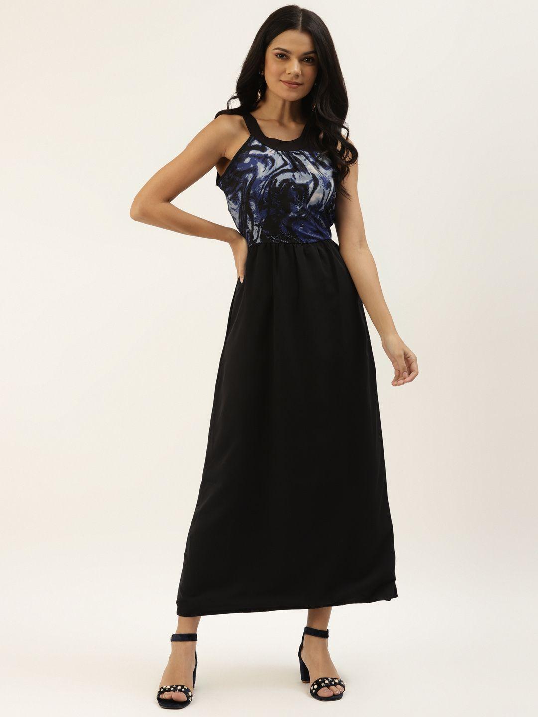 belle fille women abstract black & blue print detail maxi a-line dress