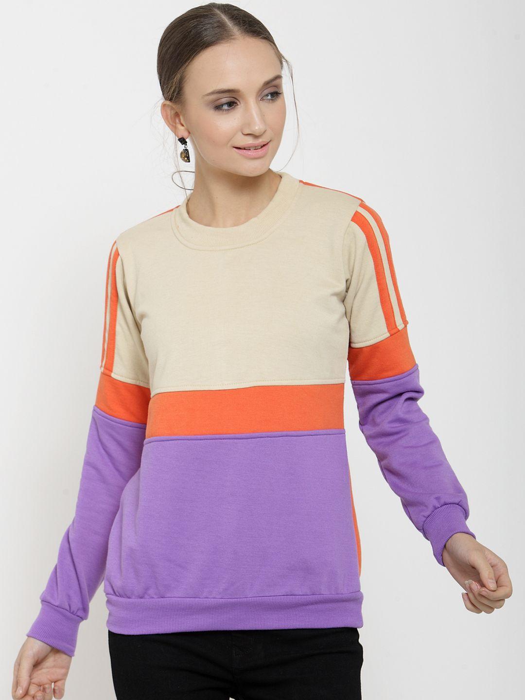 belle fille women beige & purple colourblocked sweatshirt