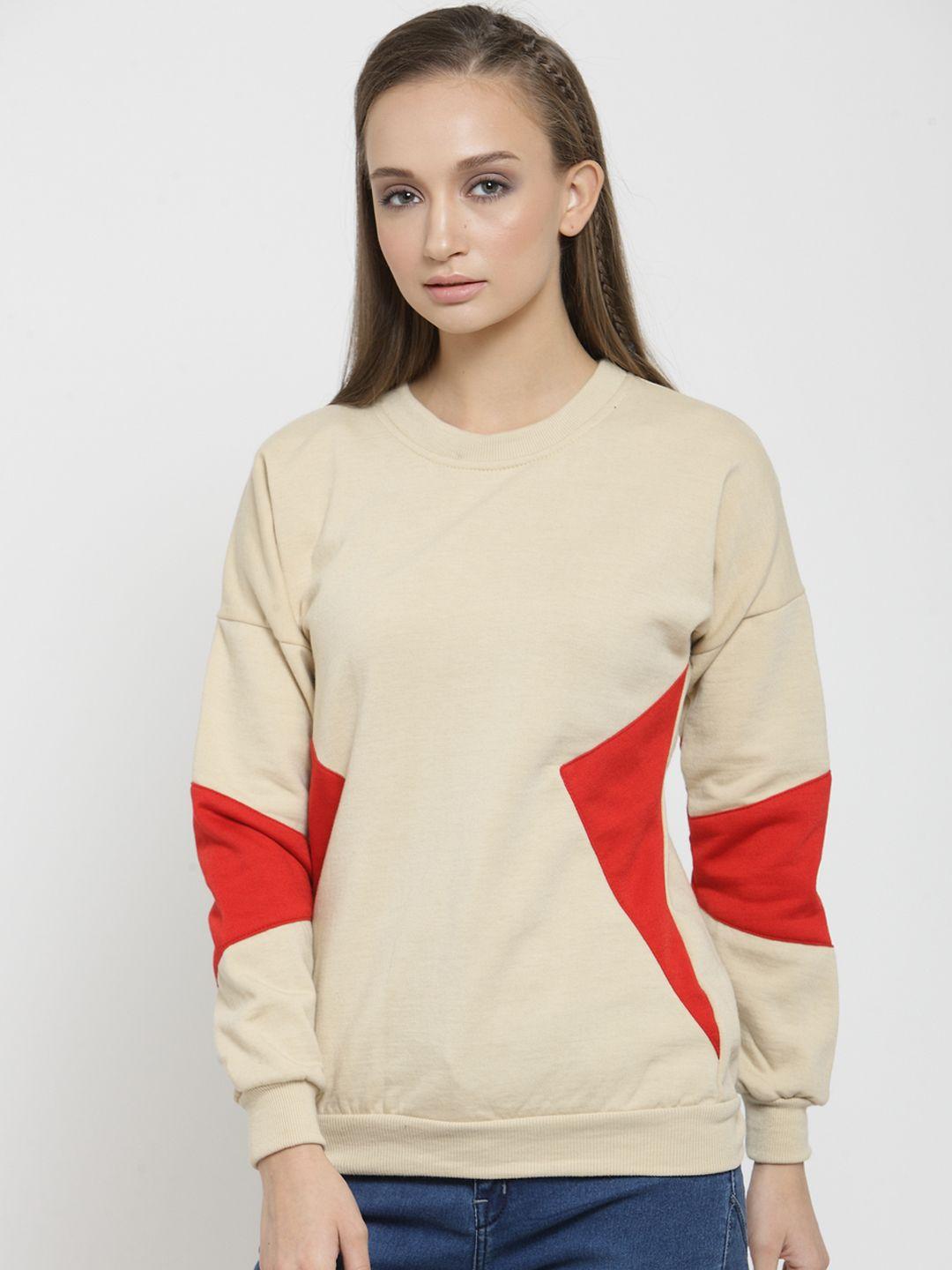 belle fille women beige & red colourblocked sweatshirt