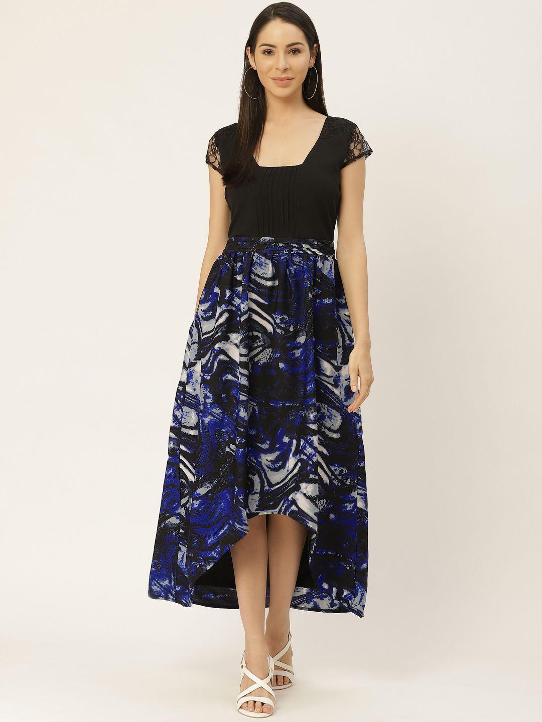 belle fille women black & blue printed high-low maxi dress