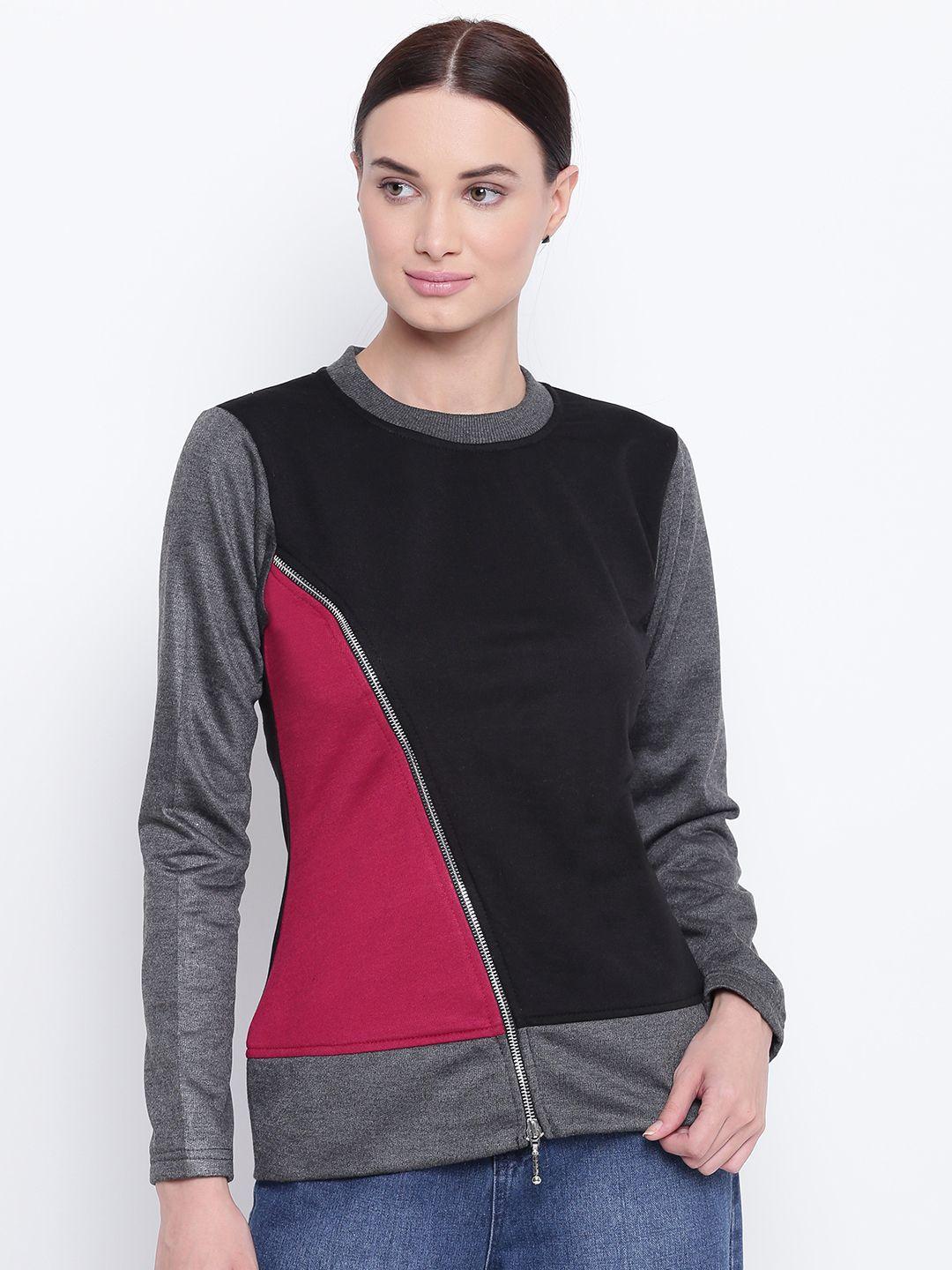 belle fille women black & maroon colourblocked sweatshirt