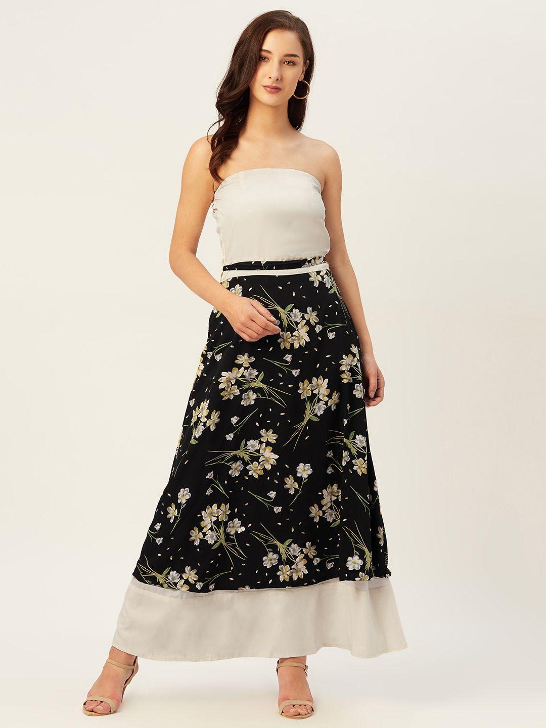 belle fille women black & off-white floral print layered maxi a-line dress with tie-ups