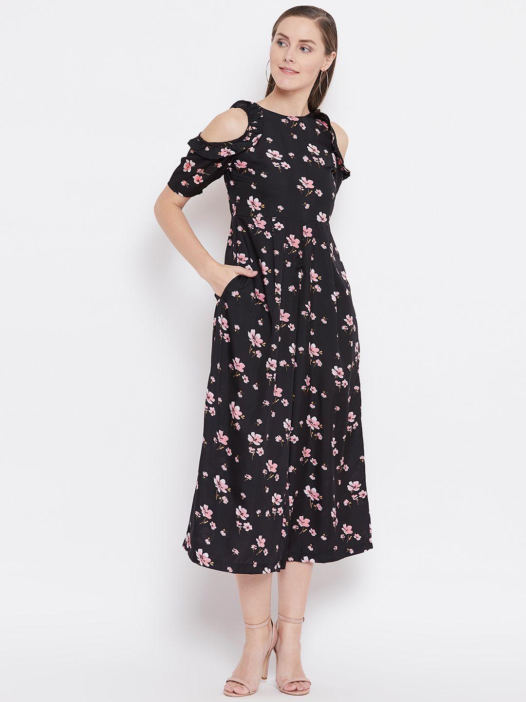 belle fille women black & peach-coloured cold-shoulder printed culotte jumpsuit