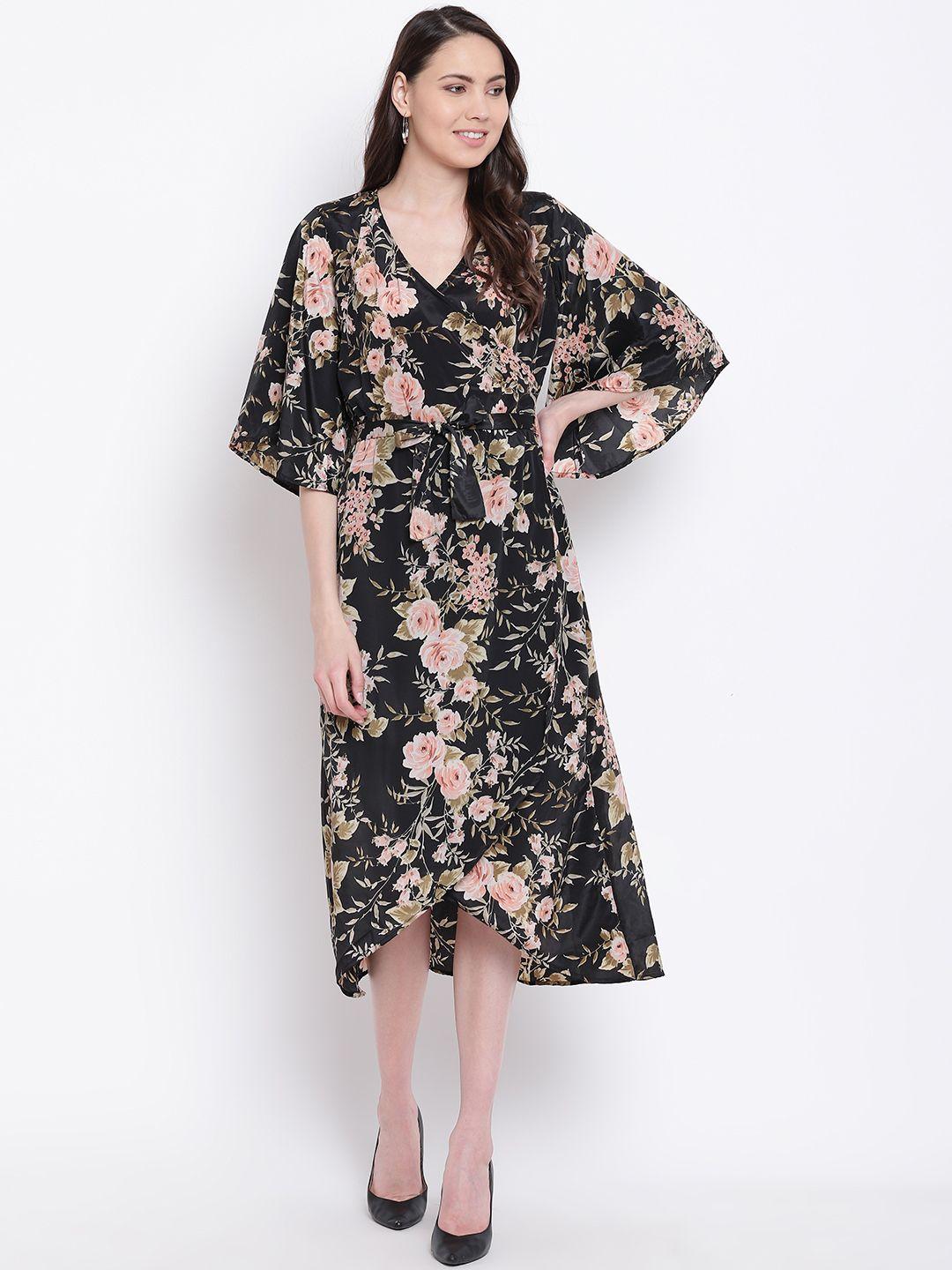 belle fille women black & peach-coloured printed wrap dress