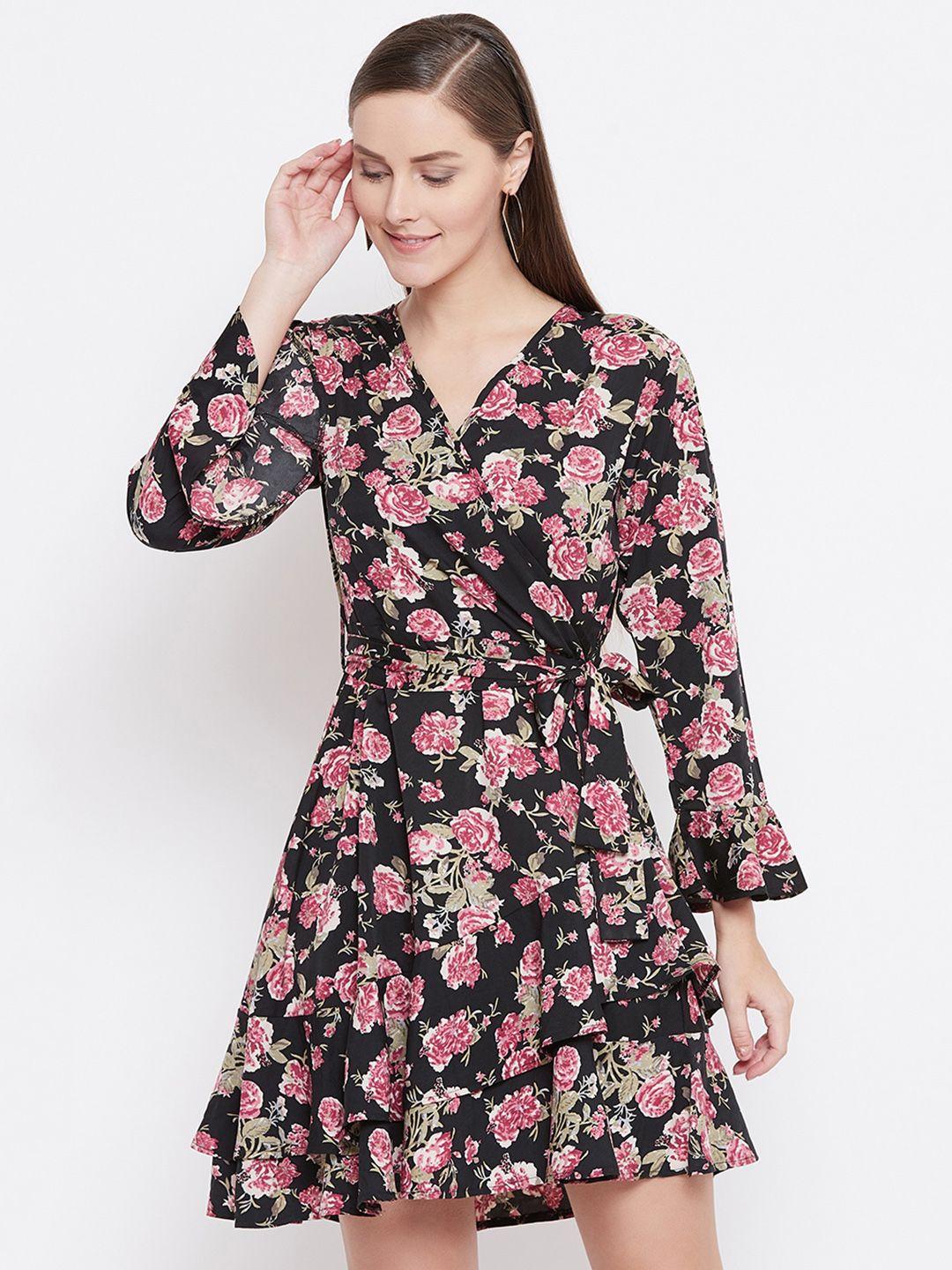 belle fille women black & pink printed wrap dress