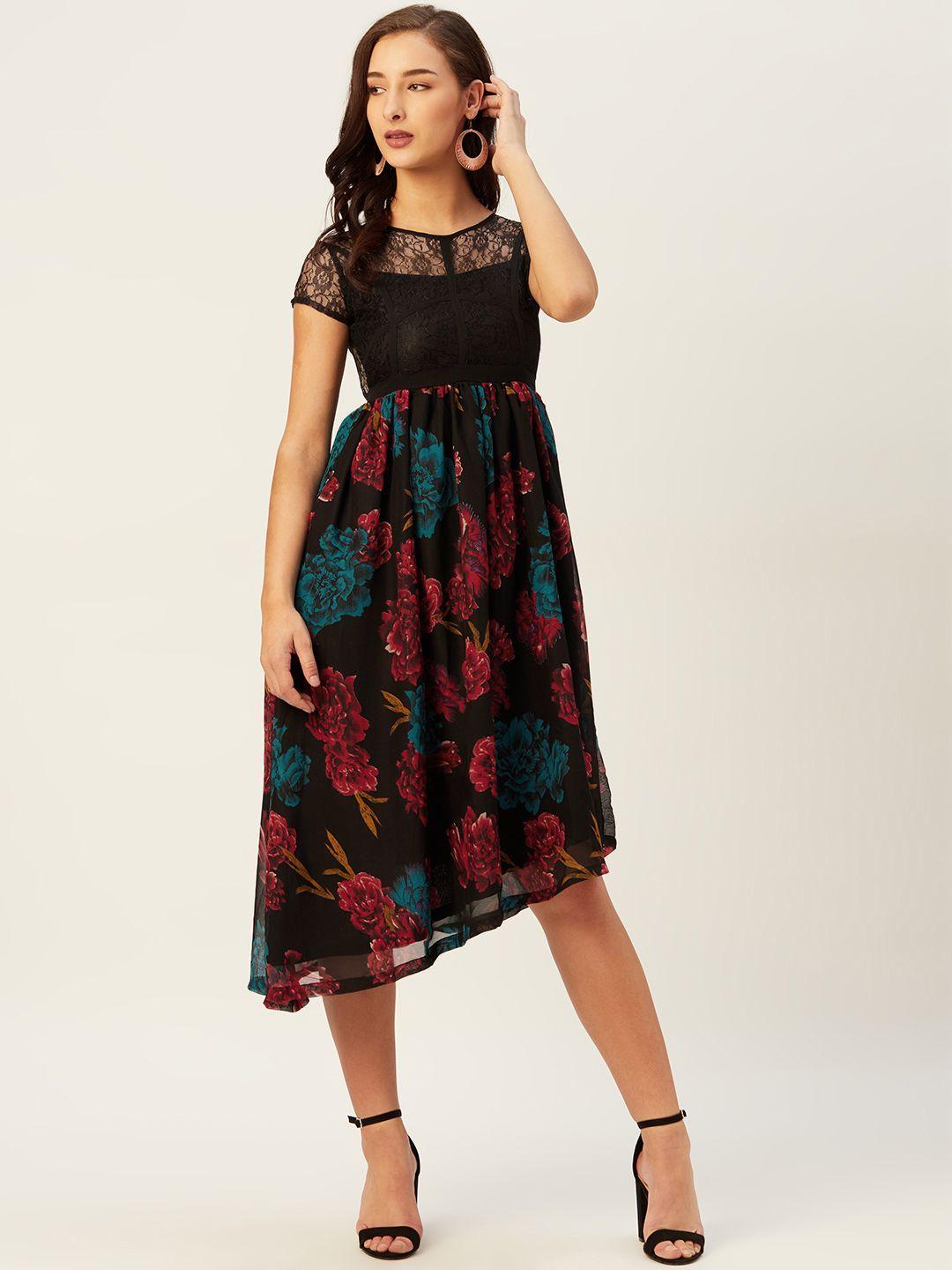 belle fille women black & red floral print asymmetric a-line midi dress with lace inserts