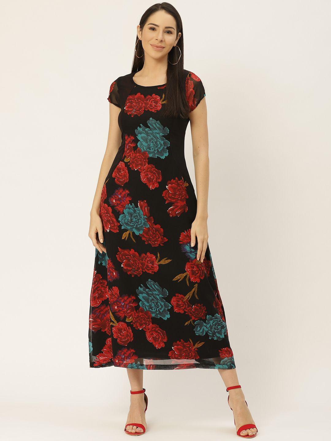 belle fille women black & red floral print georgette maxi dress