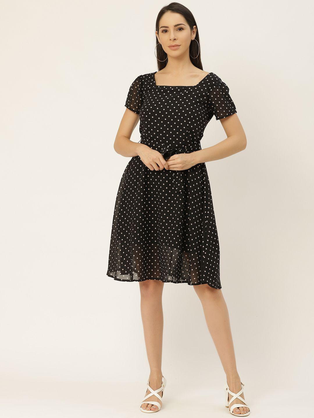 belle fille women black & white polka dot print georgette a-line dress