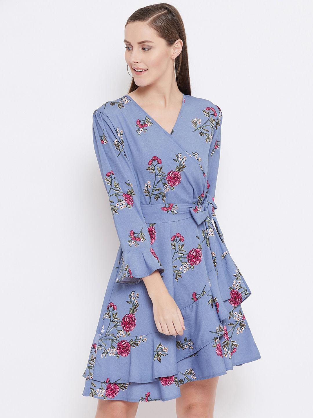 belle fille women blue & red printed layered wrap dress