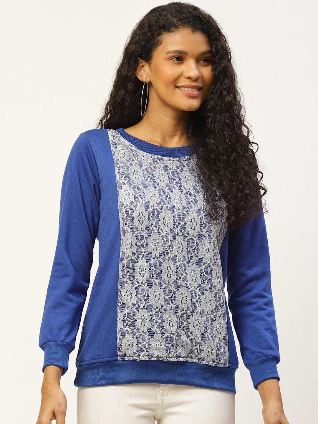 belle fille women blue & white lace panelled sweatshirt