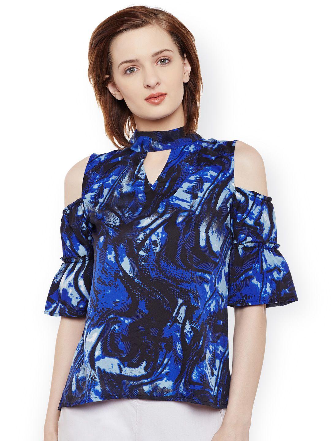 belle fille women blue printed cold shoulder styled back top