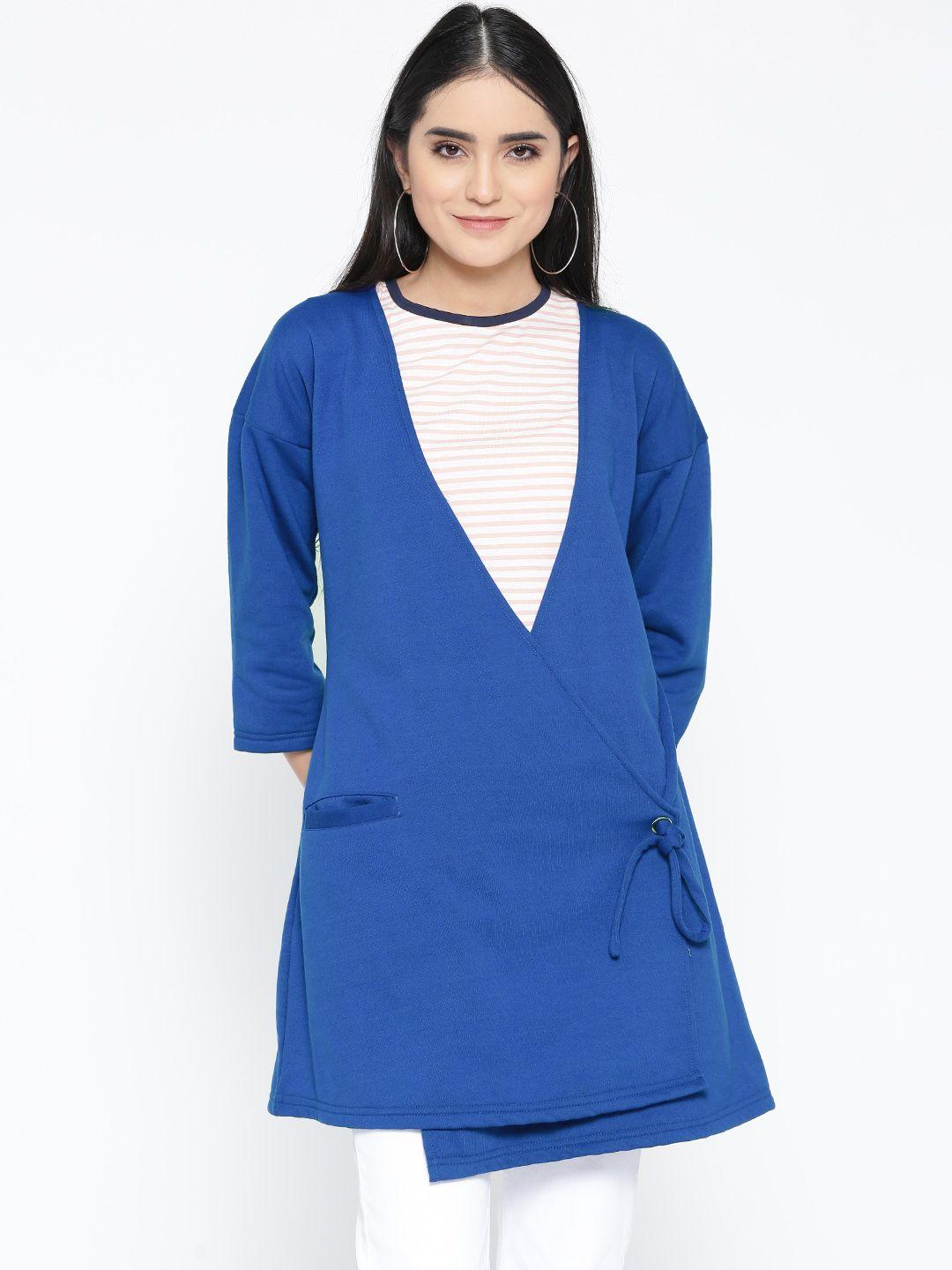 belle fille women blue solid longline tie-up shrug